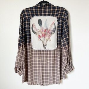 Boho Jane Plaid Ombre Button Up Tunic Top Floral Cow Skull Graphic Womens Large
